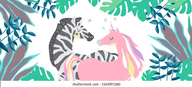 Beautiful cute pink unicorn and zebra. couple of unicorn and zebra in love. Isolated vector illustration