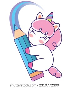 Beautiful cute pony unicorn is holding a pencil. Magic flat vector