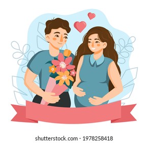 Beautiful cute pregnant woman and happy man. Happy pregnancy and family card with template for text. Flat cartoon vector illustration. Baby expectation, motherhood and fatherhood concept. Parent's day