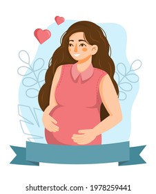 Beautiful cute pregnant woman is holding her belly and smiling. Happy pregnancy card with template for text. Flat cartoon vector illustration. Female character. Motherhood and baby expectation concept