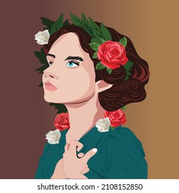 Beautiful cute princess with braided hairstyle with rose. isolated with gradient background . all layers are single for any customization vector illustration .