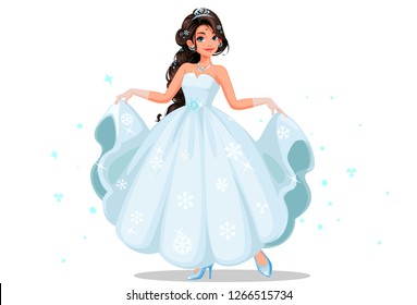 Beautiful cute princess with long braided hairstyle holding her long white dress vector illustration on white background