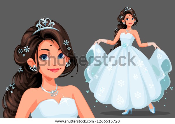 Beautiful cute princess with long braided hairstyle holding her long white dress vector illustration 1.