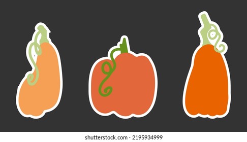 Beautiful cute pumpkin sticker set. A collection of decor for celebrating and decorating Halloween. Minimalistic vector silhouette of a pumpkin in a flat style