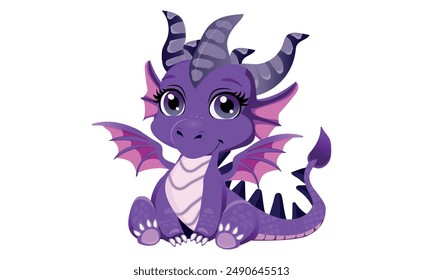 hermoso y lindo dragón púrpura con ojos grandes, Ilustración vectorial, fondo blanco.