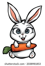 a beautiful cute rabbit with big eyes looks at you with a carrot in its paws vector illustration