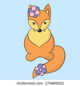 Beautiful cute red fox with flowers on its head and tail on a blue background. Vector illustration