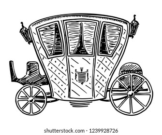 Beautiful cute romantic classic buggy gharry horse-drawn car with curtained window. Wedding carriage. Vector ink drawn sketch in art antiquity style pen on paper. coach