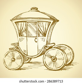 Beautiful cute romantic classic buggy gharry horse-drawn car with curtained window. Vector fairy tale freehand ink drawn gold background sketch in art antiquity style pen on paper with space for text