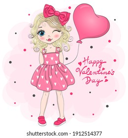 Beautiful, cute, romantic girl in love with a balloon heart in the background with the words Happy Valentine's day. Vector illustration.
