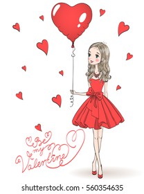 Hermosa, linda, romántica chica enamorada con un vestido rojo con un corazón de globo en el fondo con las palabras Sé mi San Valentín. Ilustración vectorial.