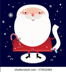 Beautiful cute Santa with delivery note on dark blue background 