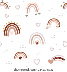Beautiful cute seamless pastel pattern with many rainbows, hearts and comet. Romantic Nordic cartoon modern background for baby nursery, wedding or Valentine's day theme prints. Doodle digital paper.