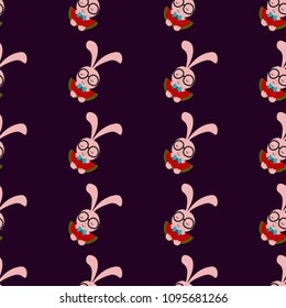 beautiful cute seamless pattern with a cartoon animal pink rabbit in glasses with a bow and with a watermelon fruit in the paws on a purple background for children and textiles in the summer