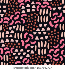 Beautiful and cute seamless pattern with different brush strokes. Vector texture with hand drawn funny geometric shapes. Bold and bright artistic painted background.