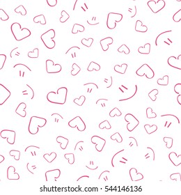 Beautiful cute seamless pattern with hearts and smile. Continuous pattern, background for printing. Vector in flat style.