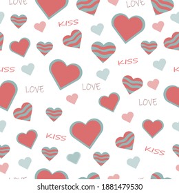 beautiful cute seamless pattern with pink heart shapes with words lettering love and kiss on Valentine's Day holiday for textiles and gift paper
