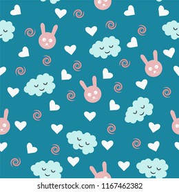 beautiful cute seamless pattern print with animal rabbit hare pink and cloud with hearts on holiday for children clothes and textiles on blue background for valentine's day