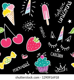 Beautiful cute seamless pattern repeating texture background with hand drawing elements like ice cream and unicorn / Vector illustration design for textile graphics, fashion fabrics, wallpapers etc