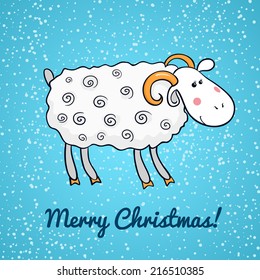 Beautiful cute sheep on background of falling snow, symbol of the new year, vector illustration