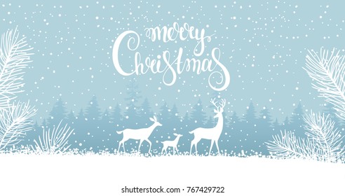 Beautiful and cute silhouettes cartoon stylized deers. Amazing winter holiday card. Vector illustration