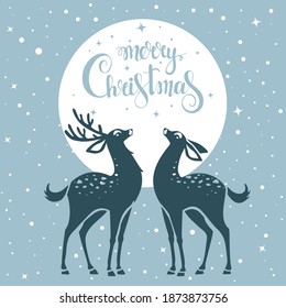 Beautiful and cute silhouettes cartoon two stylized deer. Amazing winter holiday card. Vector illustration