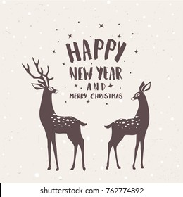 Beautiful and cute silhouettes cartoon two stylized deer. Amazing winter holiday card. Vector illustration