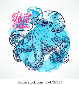 beautiful cute sketch octopus on a watercolor blue background. hand-drawn illustration