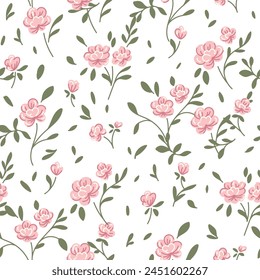 Beautiful cute small rose flowers with leaves on white background, simple vintage ditsy style of light pink and green colors. Seamless pattern for textile, fashion fabric print, decor, design. Vector 