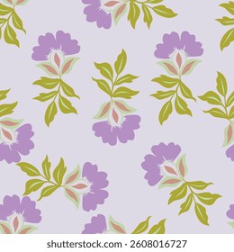 Beautiful cute small rose flowers with leaves on white background, simple vintage ditsy style of light blue and green colors. Seamless pattern for textile, fabric print, home decor, design. Vector