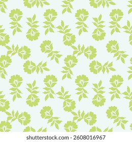 Beautiful cute small rose flowers with leaves on white background, simple vintage ditsy style of light blue and green colors. Seamless pattern for textile, fabric print, home decor, design. Vector