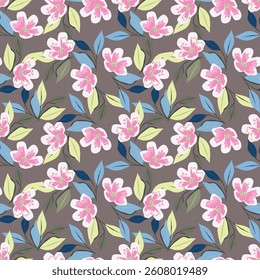Beautiful cute small rose flowers with leaves on white background, simple vintage ditsy style of light blue and green colors. Seamless pattern for textile, fabric print, home decor, design. Vector