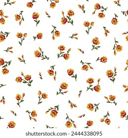 Beautiful cute small roses flowers leaves  white background, simple vintage style  yellow, red and green colors. Seamless pattern for textile, fashion fabric print, decor, design. Vector illustration.