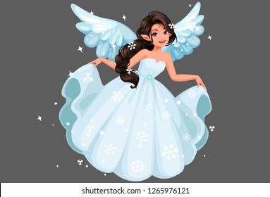 Beautiful cute snow fairy with long braided hairstyle holding her long snowy dress and flying with the snowflakes around