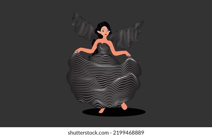 beautiful cute snow fairy with long braided hairstyle holding her long snowy dress on a gray background.