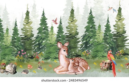 Beautiful and cute spotted deer, bird and little porcupine in flowers on. Vector illustration for your amazing design. Green