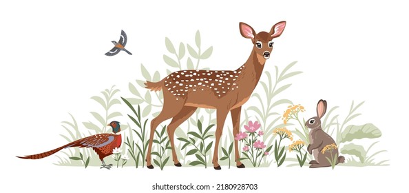 Beautiful and cute spotted deer, bunny and pheasant in flowers on white background. Vector illustration for your amazing design