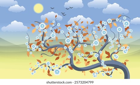 Beautiful cute spring postcard with a blossoming tree. White flowers and leaves on a tree against the background of yellow sand hills, blue sky with sun, clouds, flying birds. Vector.