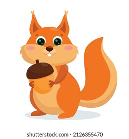 A beautiful cute squirrel is holding an acorn and smiling. Vector illustration.