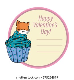 beautiful cute sticker with a fox and Cake for Valentine's day. sweet card. with cake and cream filling
