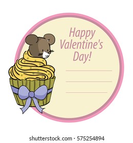beautiful cute sticker with a mouse and Cake for Valentine's day. sweet card. with cake and cream filling