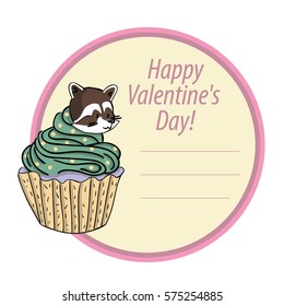 beautiful cute sticker with a raccoon and Cake for Valentine's day. sweet card. with cake and cream filling