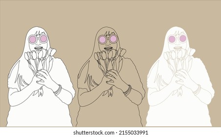 Beautiful cute summer girl in pink glasses with a bouquet of tulips in her hands. Vector illustration