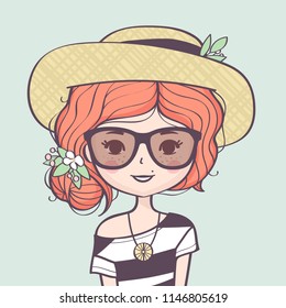 Beautiful cute summer girl portrait with straw hat. Fashion girl with hat, sunglasses and flowers. Vector illustration 