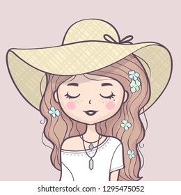 Beautiful cute summer girl portrait in a straw hat. Fashion girl with beautiful long hair, hat and flowers. Vector illustration