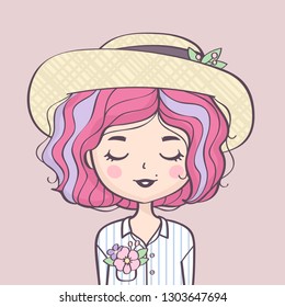 Beautiful cute summer girl portrait in a straw hat. Fashion girl with pink hair, hat and flowers. Vector illustration