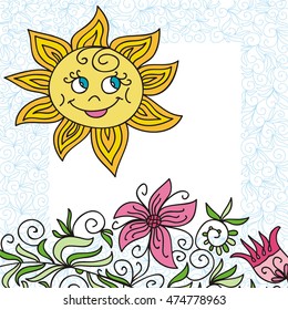 Beautiful cute sun and flowers. Vector illustration.