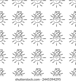 Beautiful cute sun in sunglasses and hat black and white summer grid pattern. Textile texture, print, packaging, web, fabric