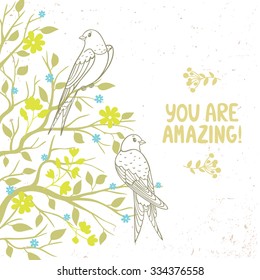 Beautiful and cute swallows sit on a branch tree. Stylish vector illustration