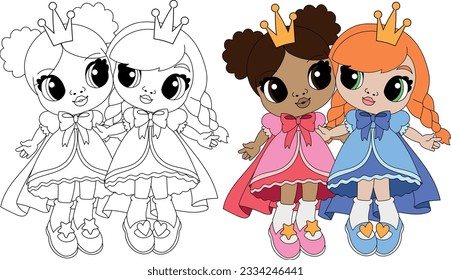 beautiful cute sweet african american doll princess in a fluffy dress. Vector. Coloring page. Isolated from the background